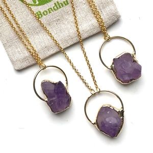 Frosted Matte Amethyst Stone Cluster 18K Gold Necklace